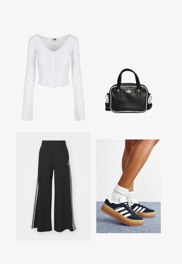 Biała, prążkowana bluzka długa z długim rękawem z głębokim dekoltem w kształcie litery V, z guzikami z przodu i falbaniastym wykończeniem. Wykonana z miękkiego, elastycznego materiału.; Czarne szerokie spodnie dresowe z elastycznym pasem, z białymi paskami po bokach i haftowanym logo na lewej udzie.; Czarne zamszowe trampki z białymi paskami i akcentami, zaokrąglonym noskiem, gumową podeszwą w kolorze jasno-brązowym, zestawione z białymi żebrowanymi skarpetkami do kostki.; Czarna skórzana torebka z dwoma krótkimi uchwytami, srebrnymi akcentami, białymi detalami i białym logo. Posiada teksturowaną powierzchnię oraz kompaktowy design.