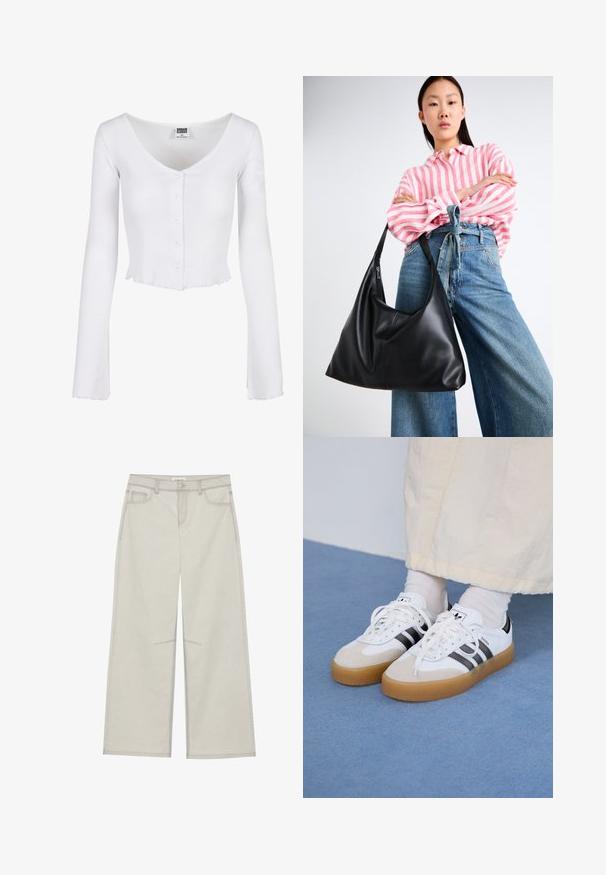 Fehér bordás, hosszú ujjú crop top mély V-nyakkal, gombos részletekkel elöl, és fodros szegéllyel. Puha, rugalmas anyagból készült.; Világosszürke, bő szárú nadrág, öt zsebbel, elülső gombos záródással és kontrasztos varrással a varrások mentén. Az anyag puhanak és tartósnak tűnik.; Fehér sportcipő fekete csíkokkal és bézs velúr részletekkel. Texturált gumi talppal és lapos fehér fűzőkkel rendelkezik, világos színű zoknival viselve.; Fekete bőr válltáska, laza formával és varrás részletekkel. A model egy rózsaszín és fehér csíkos inget visel széles szárú kék farmernadrággal.