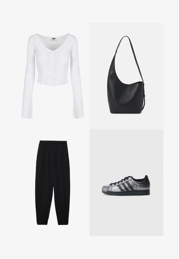 Bijela rebrasta dugorukava crop majica s dubokim V-izrezom, gumbima duž prednje strane i valovitim rubom. Izrađena od mekanog, rastezljivog materijala.; Crne, lagane hlače s elastičnom stražnjom pasicom i naboranim gležnjevima. Tkanina je glatka i ima opušteni, suženi dizajn.; Crne i metalik srebrne tenisice s zaobljenim vrhom, tri crne pruge i teksturiranim gornjim dijelom. Crne vezice i gumeni potplat.; Crna kožna hobo torba s glatkom teksturom, zakrivljenim oblikom i jednom podesivom trakicom; ima širok otvor na vrhu.