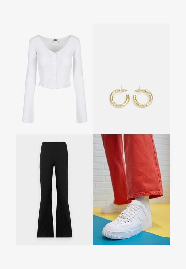 Bílý žebrový dlouhý rukávový crop top s hlubokým V výstřihem, knoflíkovými detaily vpředu a vlnkovaným lemem. Vyrobeno z měkkého, elastického materiálu.; Černé rozšířené kalhoty vyrobené z elastického materiálu, s hladkou texturou, přiléhavým střihem a rozparkem na spodním okraji.; Bílé kožené tenisky s perforovanou špičkou, texturovanou podešví a bílými tkaničkami, v kombinaci s širokými červenými kalhotami a modro-žlutým pozadím.; Zlaté kruhové náušnice s hladkým, lesklým povrchem. Kruhový design s malým kolíčkem a průhledným záznamem pro bezpečné nošení.