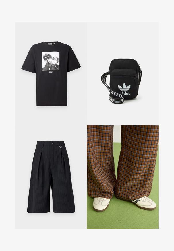 Fekete pamut póló, amelyen egy négyzet alakú fehér grafikán két figura látható, az alján "oasis" felirat található. Rövid ujjú, kerek nyakú.; Fekete csíkozott nadrágshort, redőkkel, gombos záródással és fémbetéttel. Simás anyagú, testhezálló fazon és térd hosszúságú dizájn.; Barna és kék kockás, bőrt lábú nadrág, fehér cipővel, fekete részletekkel és texturált talppal, zöld háttér előtt.; Fekete anyagú, keresztpántos táska cipzáras záródással, fehér Adidas logóval és csíkos állítható pánttal a könnyű hordozás érdekében.