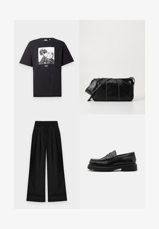 Čierne bavlnené tričko s krátkymi rukávmi a okrúhlym výstrihom, na ktorom je štvorcová biela grafika dvoch postáv a logo "oasis" pod obrázkom.; Čierne kárované nohavice s širokými nohavicami a skladmi, s hladkou textúrou a klasickým dizajnom. Ľahký materiál pre pohodlie.; Čierne kožené mokasíny s okrúhlou špičkou, textúrovanými akcentmi na prednej časti a masívnou gumovou podrážkou so drážkami pre lepšiu trakciu.; Čierna kožená kabelka cez plece so zipsovým uzáverom, so štruktúrovaným telom, bielym prešívaním a popruhom so striebornými očkami.