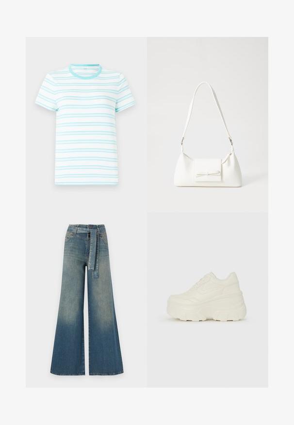 Camiseta de manga corta hecha de tela ligera, con rayas horizontales azul claro sobre un fondo blanco y un escote redondo a juego.; Pantalones de mezclilla de pierna ancha con un degradado de azul claro a oscuro, cintura alta, trabillas para cinturón y un cinturón de tela a juego. Acabado de mezclilla texturizada.; Zapatillas de plataforma blancas con un upper suave similar al cuero, forma redondeada, cuello acolchado y suela de goma texturizada con surcos definidos.; Bolso sintético blanco con forma triangular, tapa frontal plana y detalle de lazo, correa ajustable, textura suave y diseño minimalista.