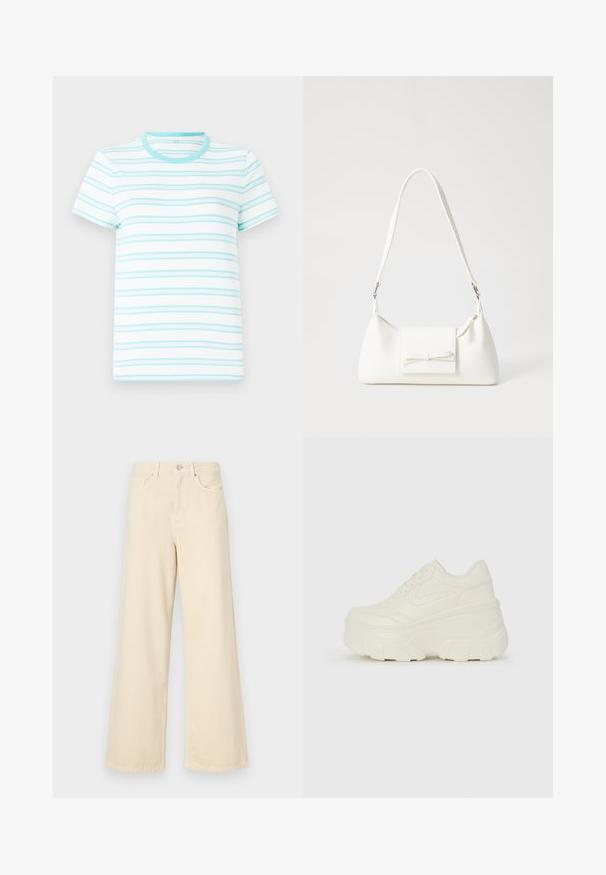 T-shirt de manga curta feita de tecido leve, com riscas horizontais azul claro num fundo branco e um decote redondo combinando.; Jeans de perna larga bege feitos de algodão. Apresentam um fecho de botão, passadores para cinto e bolsos frontais com uma textura lisa e suave.; Tênis brancos de plataforma com um cabedal suave semelhante a couro, formato arredondado, colarinho acolchoado e sola de borracha texturizada com ranhuras bem definidas.; Mala sintética branca com formato triangular, aba frontal plana e detalhe de laço, alça ajustável, textura suave e design minimalista.