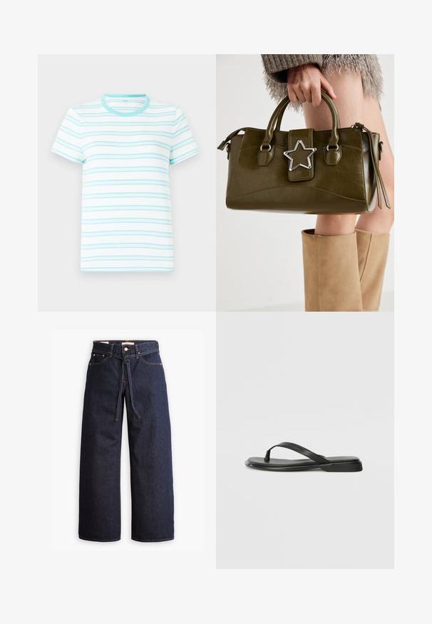 T-shirt de manga curta feita de tecido leve, com riscas horizontais azul claro num fundo branco e um decote redondo combinando.; Calças de ganga de perna larga, em azul escuro, com uma cintura alta, apresentando um cordão, cinco bolsos e detalhes de costura em contraste.; Chinelo preto feito de couro liso, com um design de tira fina e sola baixa com um perfil minimalista. Sem padrões ou acentos notáveis.; Bolsa de mão em pele sintética verde oliva com detalhe de estrela prateada, alças duplas e fecho com zip. Superfície texturizada e forma estruturada.