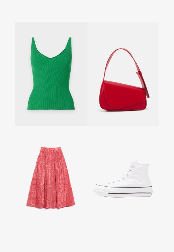 Grünes geripptes Tanktop mit V-Ausschnitt und breiten Schulterträgern. Glatte Textur, taillierte Passform und einfarbig ohne Muster oder Verzierungen.; Blumenbluse mit langen Puffärmeln, hellcremefarbenem Grund, mit lila, orangefarbenen und grünen Blumenmustern sowie klassischem Kragen.; Fließender coralfarbener Maxirock aus strukturiertem Stoff, mit floralen Mustern und kleinen weißen Akzenten sowie Falten für mehr Volumen.; Weiße hochwertige Leinensneaker mit schwarzer Gummisohle, vorderem Gummizehenschutz und sechs Ösen für Schnürsenkel, die ein sauberes, minimalistisches Design aufweisen.; Rote Lederhandtasche mit einem kantigen, geometrischen Design. Verfügt über einen verstellbaren Schulterriemen und einen Klappenverschluss mit genähten Details.