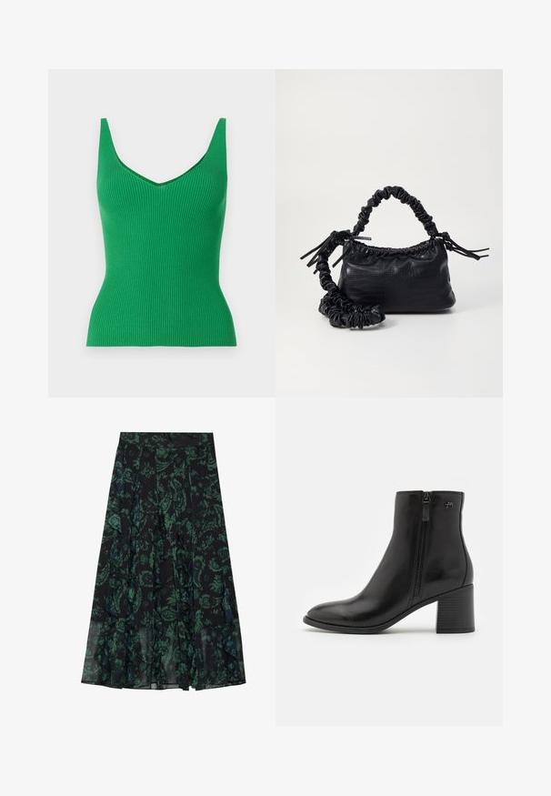 Top verde a righe con scollo a V e spalline larghe. Tessuto liscio, design aderente e di colore uniforme, senza modelli né decorazioni.; Gonna nera con motivo floreale verde, caratterizzata da bordi arruffati e pieghe. Realizzata in tessuto leggero, offre una silhouette fluida.; Stivali alla caviglia neri in pelle liscia con zip laterale. Presentano una punta appuntita e un tacco a blocco texturizzato per maggiore stabilità.; Borsa a tracolla in ecopelle nera con texture a coccodrillo, apertura cinchata e tracolla arricciata. Si presenta con un design morbido e compatto.
