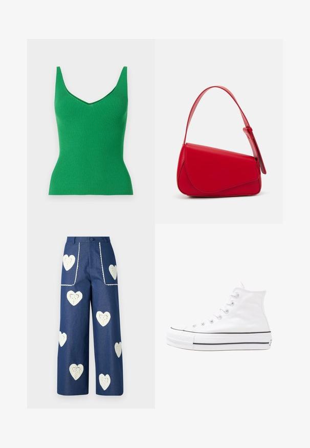 Vihreä ribbattu hihaton toppi, jossa on V-pääntie ja leveät olkaimet. Sujuva rakenne, istuva muotoilu ja tasavärinen ilman kuvioita tai koristeita.; Sister Jane HEART TO HEART - Straight leg -farkut - blue denim; Valkoiset korkeavartiset kangaskengät mustalla kumipohjalla, edessä kuminen varvasosa ja kuusi nauha-aukkoa, puhtaan minimalistisella muotoilulla.; Punainen nahkalaukku, jossa on kulmikas, geometrinen muotoilu. Varustettu yhdellä säädettävällä hihnalla ja läpällä, jossa on ommeltu yksityiskohtia.
