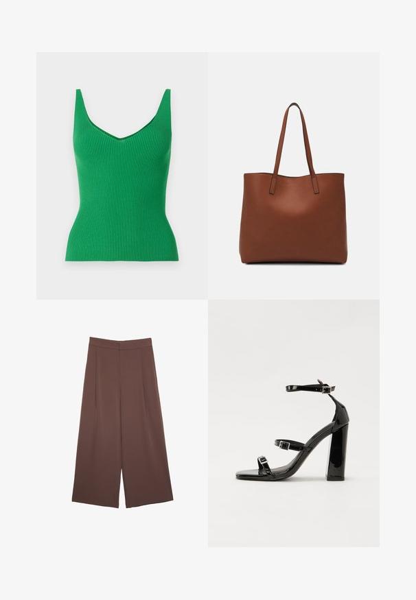 Vihreä ribbattu hihaton toppi, jossa on V-pääntie ja leveät olkaimet. Sujuva rakenne, istuva muotoilu ja tasavärinen ilman kuvioita tai koristeita.; Ruskeat leveälahkeiset housut, joissa on sileä pinta, korkea vyötärö ja etupleat. Kangas on kevyttä ja laskeutuu väljänä.; Musta kiiltävä korkokenkä sandaalit neliönmuotoisella varpaalla, nilkkaremmillä ja hopeisilla soljilla. Varustettu tukevalla lohkokorkealla vakauden takaamiseksi.; Ruskea nahkainen olkalaukku, jossa on sileä pinta, avoin yläosa ja kaksi olkahihnaa. Omaavat vain minimaalisen ompelun eikä näkyvää metalliosaa.