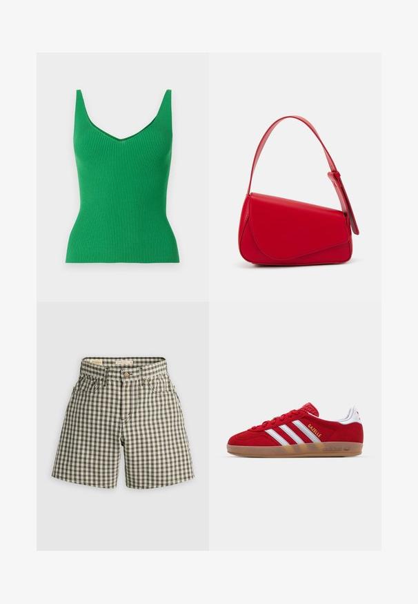 Groene geribde tanktop met een V-hals en brede schouderbanden. Gladde textuur, slim fit ontwerp en een effen kleur zonder patronen of versieringen.; Bruine en witte geruite shorts met een knoopsluiting, twee voorzakken en een ontspannen pasvorm. Gemaakt van geweven stof met een zachte textuur.; Rode suède sneaker met een witte drie-strepenontwerp en gouden "Gazelle" tekst. Beschikt over een rubberen gumzool en een gestructureerde hiel.; Rode leren handtas met een hoekig, geometrisch ontwerp. Beschikt over een enkele verstelbare schouderriem en een klepclosure met gestikte details.