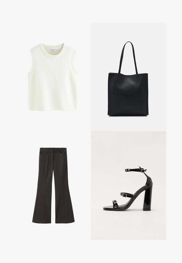 Biely bezrukávový sveter vyrobený z mäkkej, štruktúrovanej látky. Má rebrovaný okrúhly výstrih a ramenné otvory, so čistým a jednoduchým dizajnom.; Čierne rozšírené nohavice s vysokým pásom; majú dve bočné vrecká a hladkú textúru látky. Vhodné na rôzne príležitosti.; Čierne lakované sandále na podpätku so štvorcovou špičkou, navlečenými remienkami okolo členku a striebornými prackami. Disponujú masívnym blokovým podpätkom pre stabilitu.; Čierna kožená taška na rameno s hladkým povrchom, obdĺžnikovým tvarom a dvoma dlhými uchami. Bez viditeľného kovania alebo ozdôb.