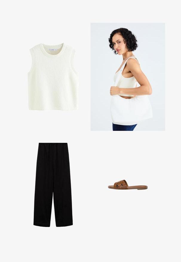 Weißer ärmelloser Pullover aus weichem, strukturiertem Stoff. Verfügt über einen gerippten Rundhalsausschnitt und Armlöcher, mit einem klaren, schlichten Design.; Schwarze weite Hosen mit elastischem Bund und Kordelzug, aus weichem Stoff, mit glatter Textur und ohne zusätzliche Muster.; Braune Leder-Sandale mit gekreuzten Riemen, flacher Sohle und glatter Textur. Schlichtes Design ohne Verzierungen oder Muster.; Weißer Schultertasche aus glattem Material mit ovalem Ausschnitt und breitem Tragegurt. Einfach und modern, ohne sichtbare Hardware.