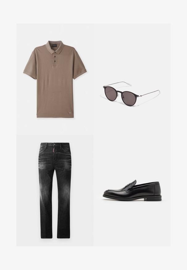 Brūns polo krekls ar teksturētu apdari, īsām piedurknēm, trim melnajām pogām un mazu logotipu apakšējā labajā stūrī.; Melni džinsi no denima ar taisnu piegriezumu. Iespējas ietver izbalējušas vietas, nelielas nodiluma pazīmes, klasisko piecu kabatu dizainu un pogu aizdari.; Melnas ādas kurpes ar gludu tekstūru, noapaļu purngalu un dekoratīvu siksniņu pāri priekšpusei. Zems sakrauts papēdis, minimālisma dizains.; Melni apaļi saulesbrilles ar tumšiem lēca un plānām metāla stangām. Iekļautas caurspīdīgas tempļu galviņas un sudraba akcenti pie eņģes. Minimalistisks dizains.