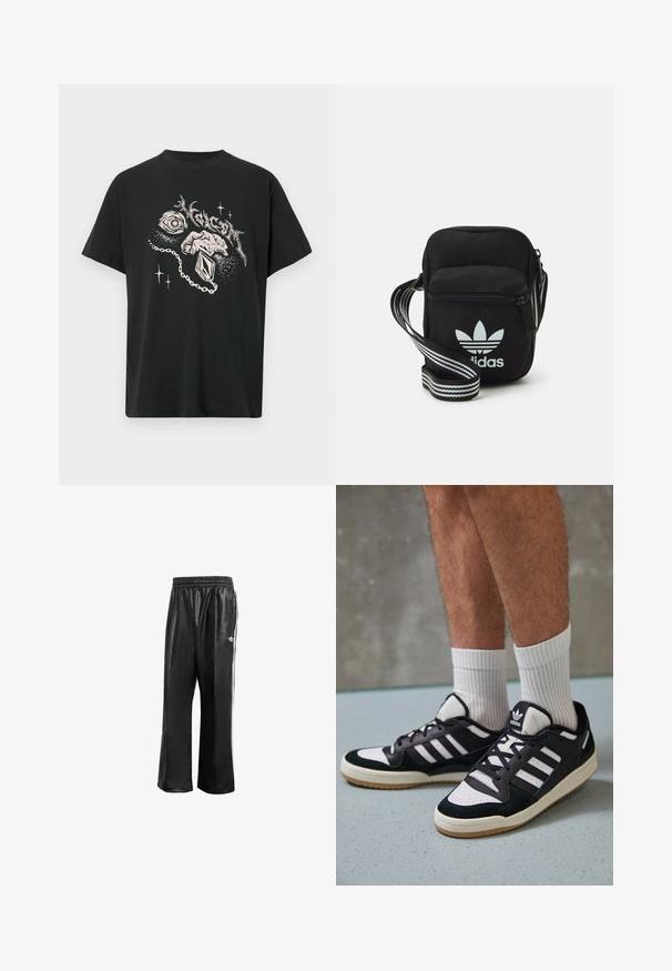 Melna t-krekls ar baltu zīmējumu, kurā ir acs, roka, kas tur piekari, abstrakti formas un stilizēts teksts virs attēla.; Melnas sintētiskas sporta bikses ar elastīgu jostasvietu, ar baltām sānu svītrām un mazu baltu logo kreisajā gurnā.; Melnas un baltas kedas ar zamša un ādas augšdaļu, kas aprīkotas ar trim baltām svītrām, perforētu purngali un gumijas zolēm.; Melna auduma crossbody soma ar rāvējslēdzēja aizdari, kurai ir balts Adidas logo un svītrainas regulējamas siksnas ērtiem pārvietošanās veidiem.