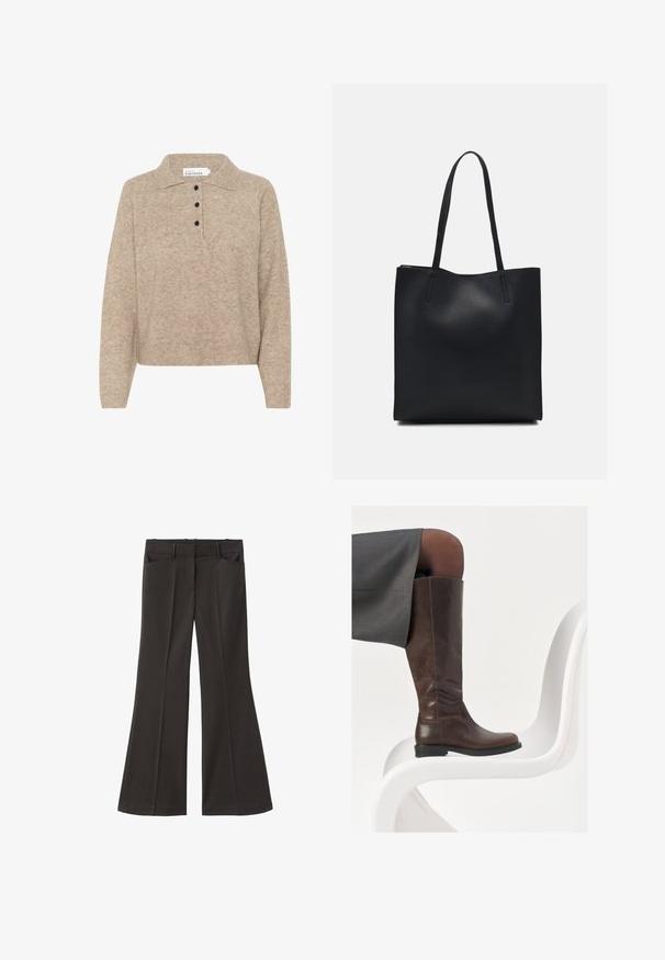Béžový pletený pulóver s golierom polo, obsahujúci gombíkovú légou s čiernymi gombíkmi a rebrovanými manžetami a spodným okrajom. Mäkka textúra.; Čierne rozšírené nohavice s vysokým pásom; majú dve bočné vrecká a hladkú textúru látky. Vhodné na rôzne príležitosti.; Hnedé kožené čižmy až po kolená sokrúhlym špičkou, hladkou textúrou a minimálnymi detalmi šitia, umiestnené na svetlom pozadí na bielej stoličke.; Čierna kožená taška na rameno s hladkým povrchom, obdĺžnikovým tvarom a dvoma dlhými uchami. Bez viditeľného kovania alebo ozdôb.