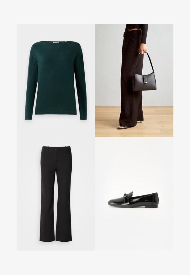 Tumma vihreä pitkähihaisen paidan, jossa on pyöreä kaula-aukko ja yksinkertainen muotoilu, esillä valkoista taustaa vasten.; Mustat puuvillasekoitetekstiilit, jossa on suora lahje, etunappi kiinnitys ja kaksi sivutaskua. Sileä rakenne, ei näkyviä kuvioita.; Mustat kiiltonahka loafarit, joissa on tasapohja, pyöristetty kärki ja koristeellinen nauha kultasävyisellä yksityiskohdalla. Sujuva, kiiltävä pinta.; Musta käsilaukku, jossa on rakenteellinen muoto, sileä pinta ja metallinen solki. Yhdistetty leveisiin mustiin housuihin ja avonaiheisiin sandaaleihin puulattialla.