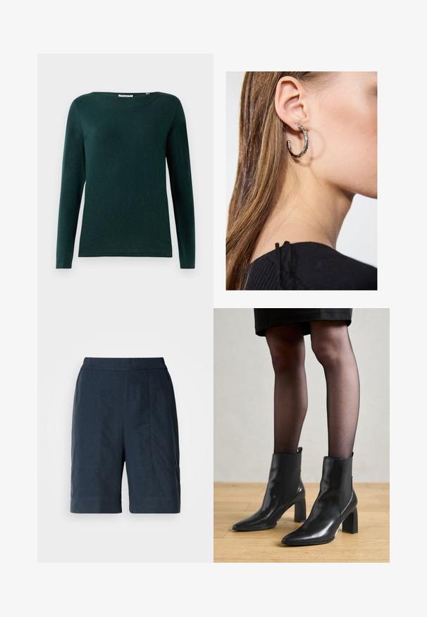 Dunkelgrünes Langarmshirt mit Rundhalsausschnitt und schlichtem Design, auf einem weißen Hintergrund präsentiert.; Dunkelblaue Shorts aus leichtem Material, mit geradem Schnitt, zwei frontalen Taschen und dezenten Nähten.; Schwarze Leder-Ankle-Boots mit spitzer Zehenform, klobigem quadratischem Absatz und schlankem Design. Verfügt über elastische seitliche Einsätze für leichtes An- und Ausziehen.; Silberne Creolen mit polierter Oberfläche, die kleine goldene Akzentdetails und eine runde Form aufweisen, am Ohrläppchen getragen.