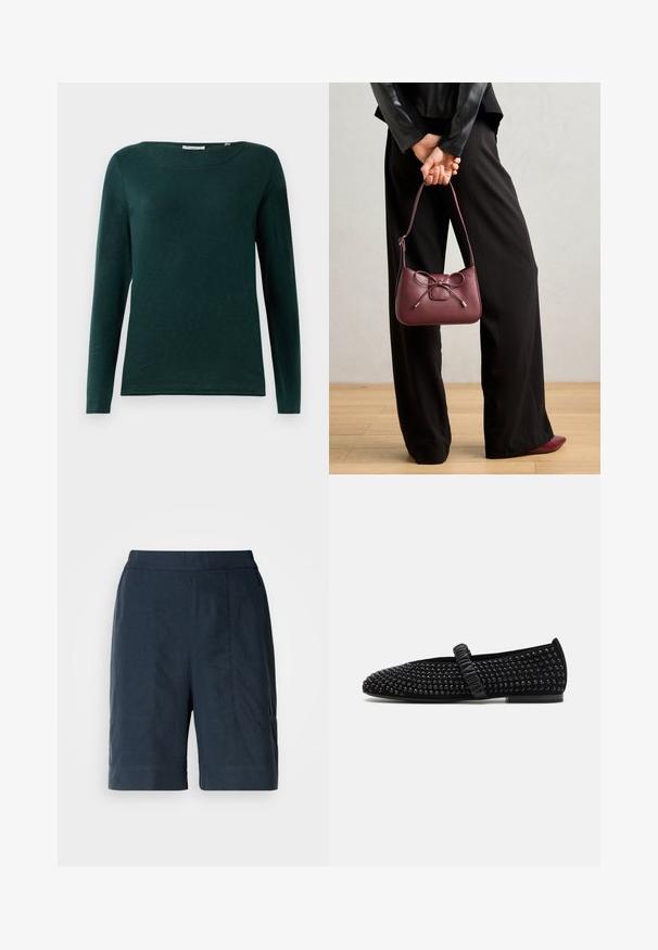 Tumma vihreä pitkähihaisen paidan, jossa on pyöreä kaula-aukko ja yksinkertainen muotoilu, esillä valkoista taustaa vasten.; Tummansinisiä lyhyitä housuja, jotka on valmistettu kevyestä kankaasta, suoran leikkauksen omaavia, joissa on kaksi etutaskua ja hillityt ompeluyksityiskohdat.; Mustat tasapohjaiset kengät kohti, joissa on mustat niitit päällisessä ja rypytetty nauha jalkaholvin yli. Kumipohja.; Burgundy laukku nahkaa, jossa on nauhakiinnitys, ohut hihna ja kultasävyiset yksityiskohdat, jota henkilö pitää päällään mustissa housuissa.