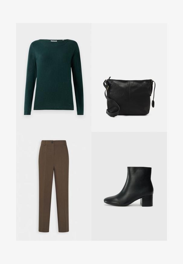 Cămașă lunga de culoare verde închis, cu mâneci lungi, guler rotund și design simplu, expusă pe un fundal alb.; Pantaloni maro cu picior drept, cu bucle pentru curea și un singur buton frontal, expuși pe un fundal alb.; Cizme negre din piele până la gleznă, cu vârf ascuțit și toc robust. Textură netedă, cu accente minime și un design elegant, ajustat.; Geantă de umăr din piele neagră, cu o formă plată, accente de metal auriu și o curea ajustabilă. Textură netedă cu detalii de cusătură minime.