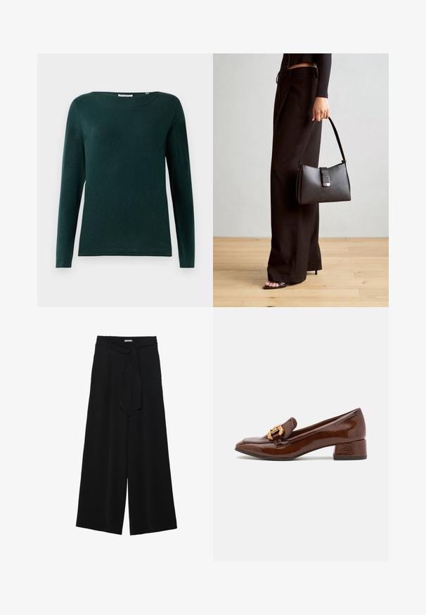 Tamsiai žalia ilgomis rankovėmis marškinėliai su apvaliu iškirpimu ir paprastu dizainu, rodomi ant balto fono.; Juoda plačių kojų kelnės, pagamintos iš tekstūruoto audinio, su elastingu juosmeniu ir atsegamu diržu juosmenyje, leidžiančiu reguliuoti dydį.; Rudos odinės loafer'iai su blizgiu paviršiumi, dėlionis auksinis užsegimas priekyje ir žemas blokinis kulnas. Klasikinis dizainas.; Juodas rankinė struktūrizuota forma, lygi tekstūra ir metalinis užsegimas. Suporuota su plačiomis juodomis kelnėmis ir atvirais bateliais ant medinių grindų.