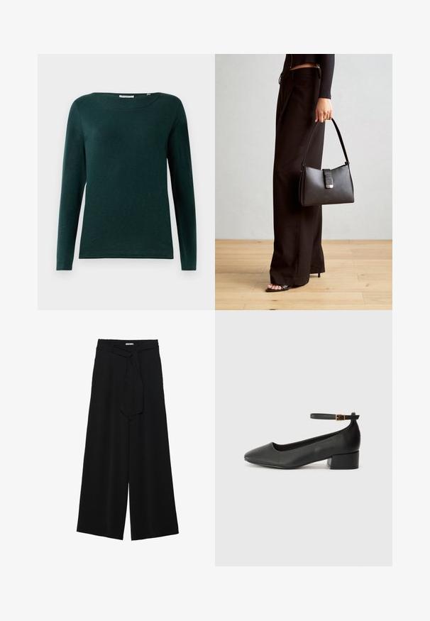 Dunkelgrünes Langarmshirt mit Rundhalsausschnitt und schlichtem Design, auf einem weißen Hintergrund präsentiert.; Schwarze weite Hosen aus strukturiertem Stoff, mit elastischem Bund und einem abnehmbaren Bindegürtel in der Taille für eine verstellbare Passform.; Schwarze Lederpumps mit spitzem Zehenbereich und niedrigem Blockabsatz. Mit einem Knöchelriemen und einer goldfarbenen Schnalle. Glatte Textur.; Schwarze Handtasche mit strukturierter Form, glatter Textur und einem metallischen Verschluss. Kombiniert mit weiten schwarzen Hosen und offenen Sandalen auf einem Holzboden.
