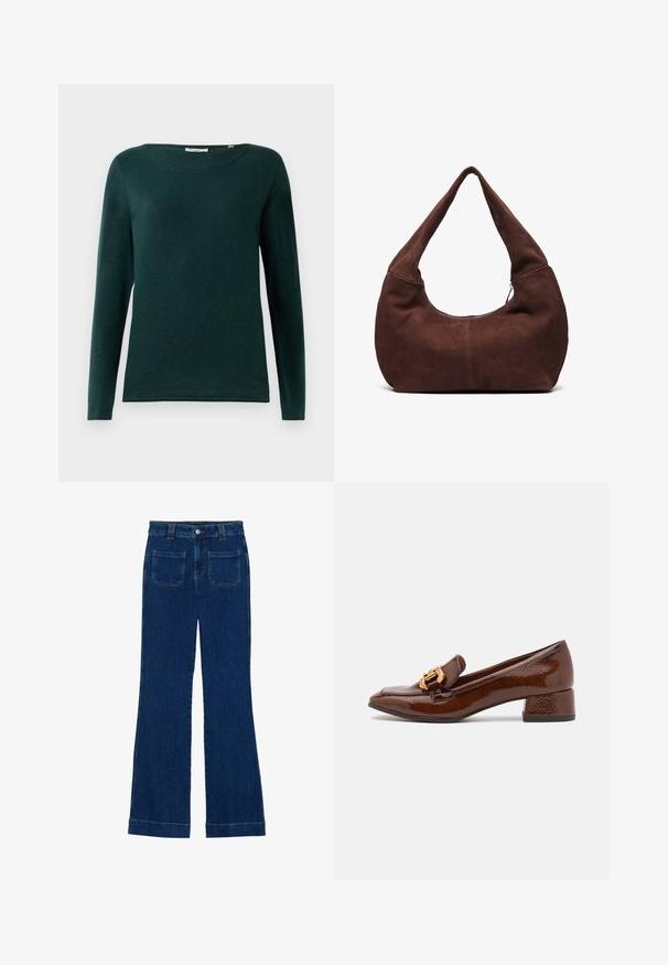 Camisa de manga larga verde oscuro con cuello redondo y diseño simple, mostrada sobre un fondo blanco.; Vaqueros de campana de mezclilla en azul oscuro con una textura suave, diseño de cinco bolsillos y cierre de botón en la cintura.; Mocasines de cuero marrón con un acabado brillante, que presentan una hebilla decorativa dorada en la parte frontal y un tacón bajo tipo bloque. Diseño clásico.; Bolso hobo de ante marrón con un asa curvada y ancha y una gran apertura. Textura suave con costuras visibles a lo largo de los bordes.
