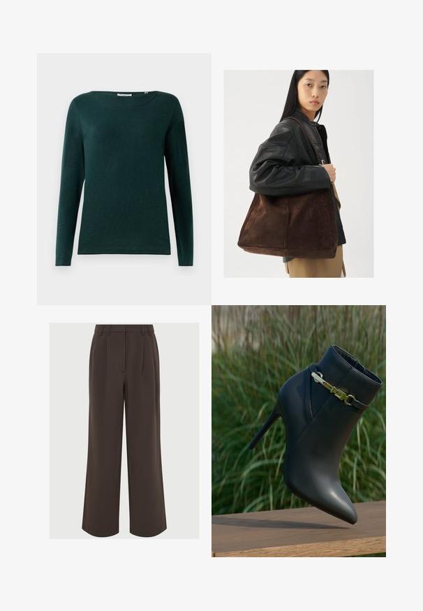 Tamnozelena majica dugih rukava s okruglim izrezom i jednostavnim dizajnom, prikazana na bijeloj pozadini.; Smeđe široke hlače izrađene od glatkog materijala. Imaju preklopke sprijeda i krojeni pojas s petljama za remen radi prilagodbe.; Crne čizme s visokom potpeticom i špicastim vrhom, s zlatnom kopčom, prikazane na drvenoj površini s pozadinom od zelenog lišća.; Smeđa suđena torba s širokim oblikom i mekanom teksturom, s jednim trakama i minimalnom opremom na neutralnoj pozadini.