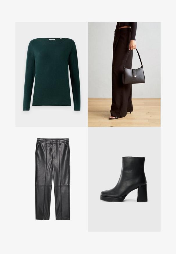 Tume roheline pikkade varrukatega särk ümmarguse kaelusega ja lihtsa disainiga, esitatud valgel taustal.; Mustad nahkpüksid sileda tekstuuriga, sirge lõikega, kahe eesmine taskuga ja nähtavate õmblusteta.; Must musta ankle boot, milleplokk-konts ja platvormi tallaga, vaadatud küljelt ühetoonilise valge tausta peal.; Must musta kott, millel on struktureeritud kuju, sile tekstuur ja metallist klamber. Kombineeritud laiate mustade pükstega ja avatud varvaste sandaalidega puidust põrandal.