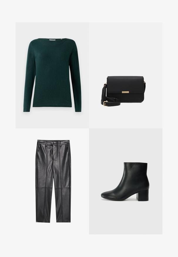 Dark green long-sleeve shirt with round neckline and simple design, displayed on a white background.; Black leather trousers with a smooth texture, featuring a straight fit, two front pockets, and visible seam detailing.; Black leather ankle boots with a pointed toe and a chunky heel. Smooth texture with minimal accents and a sleek, fitted design.; Black leather crossbody bag with a flap closure, gold hardware accent, adjustable strap, and textured surface. Compact rectangular shape.