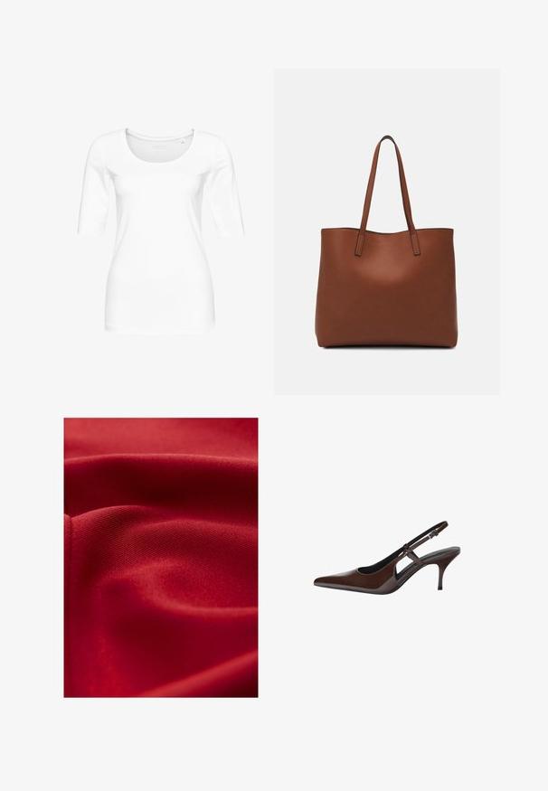 Fehér, fitted póló, puha pamutból készült, kerek nyakkivágással és háromnegyedes ujjal. Simaság, nincsenek látható minták vagy díszítések.; Piros szövet, textúrált felülettel és sima finishsel, lágy redőkkel és finom fénylással. A szövése szoros és egységes az egész területen.; Barna lakkbőr, hátul nyitott, hegyes orrú szandál, vékony sarkakkal. Állítható csattal rendelkezik.; Barna bőr vászontáska sima textúrával, nyitott tetejű dizájnnal és két vállpánttal. Minimális varrással és látható hardver nélkül készült.