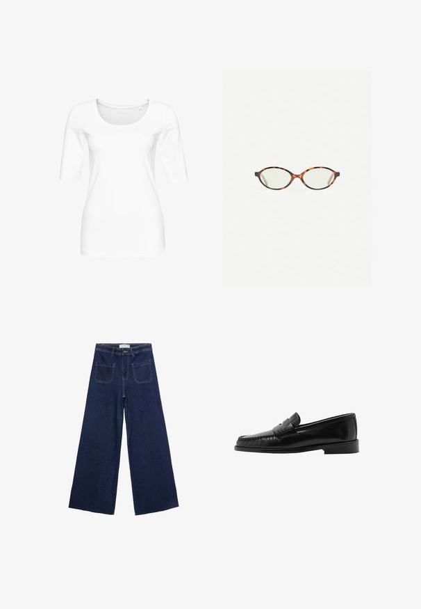 Weißes, eng anliegendes T-Shirt aus weicher Baumwolle mit einem runden Halsauschnitt und Dreiviertelärmeln. Glatte Textur, keine sichtbaren Muster oder Akzente.; Weite Denim-Jeans in Dunkelblau mit hoher Taille, vier Taschen und sichtbaren Nähdetails. Glatte Textur mit klassischem Schnitt.; Schwarzer Lederloafer mit geschwungener Silhouette, dekorativem Riemen, strukturiertem Stich und flacher Gummisohle. Glatte Oberfläche und elegantes Design.; Schildpatt-Eyegläser mit ovalen Gläsern und einer eleganten, glatten Oberfläche. Mit dünnen Seiten und einer subtilen Kurve an den Schläfen. Klare Gläser.