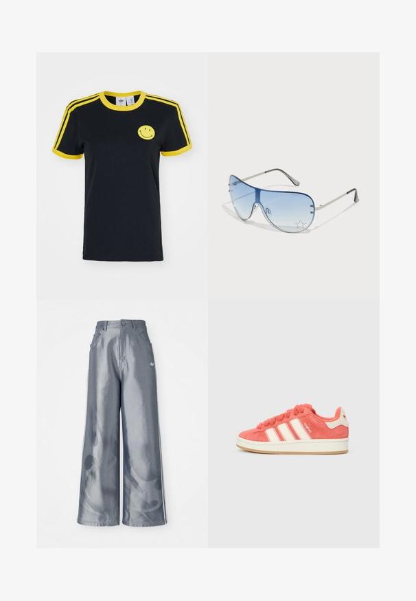 Melns kokvilnas T-krekls ar dzeltenu apkakli un piedurkņu svītrām, ar dzeltenu smaidīgu seju grafiku krūšu daļā. Klasiska piegrieze, īsas piedurknes.; Platas kājas bikses no spīdīga pelēka materiāla, ar baltām sānu svītrām un liesmu rakstu apakšējā kāju daļā. Pogas un rāvējslēdzēja aizdare jostasvietā.; Rozā zamšādas kedas ar krēmkrāsas svītrām, apaļām šņorēm un teksturētu mēli. Iekļauj gumijas zoli un logotipu uz papēža.; Pilotstila saulesbrilles ar gradienta zilām lēcām, sudraba metāla rāmjiem un dekoratīvām zvaigžņu akcentiem uz lēcām. Gluda un eleganta dizaina.