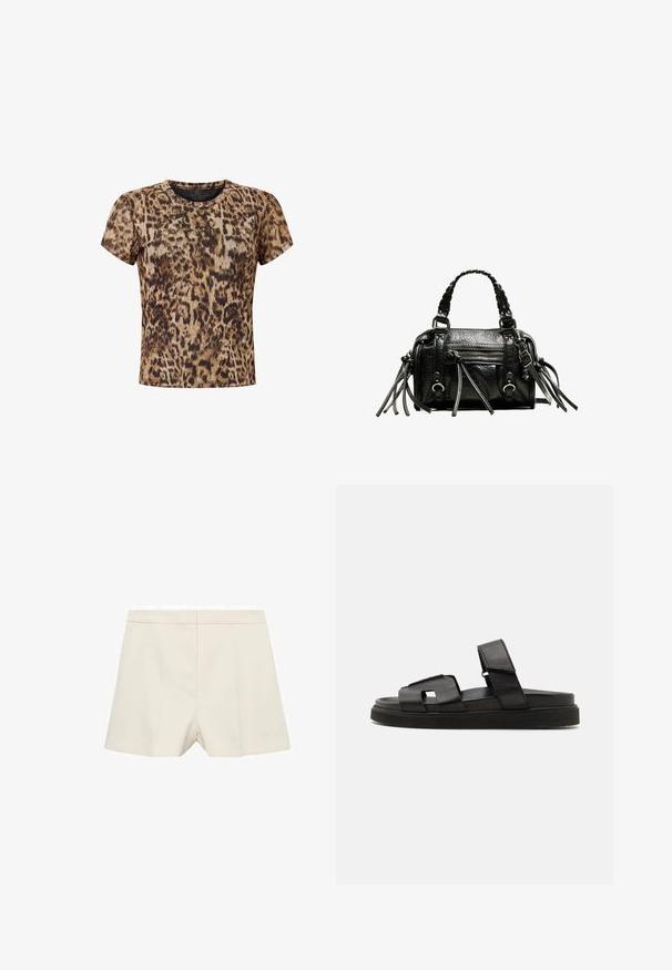 Leopard print short-sleeve t-shirt in brown and black tones. Features a round neckline and soft, lightweight fabric.; Cream-colored shorts with a tailored fit, featuring a smooth texture, flat front, and subtle pleats. Simple design with no embellishments.; Black leather slide sandals with flat soles, wide straps, and a square cutout detail. Textured and smooth surface finishes.; Black leather handbag with braided handles, textured surface, zippered front pocket, and decorative fringe accents. Compact and structured shape.