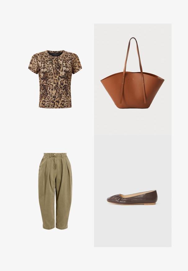 Camiseta de manga corta con estampado de leopardo en tonos marrón y negro. Cuenta con cuello redondo y tela suave y ligera.; Pantalones acampanados de color verde oliva hechos de algodón, con una cintura alta, bolsillos laterales y tobillos ajustados. Textura suave y ajuste relajado.; Bailarina de cuero marrón con punta redondeada, detalles fruncidos en la parte delantera y una suela plana de color claro.; Bolso tote de cuero marrón con una forma ancha y estructurada, asas delgadas y un acabado texturizado. Presenta un diseño minimalista sin herrajes visibles.