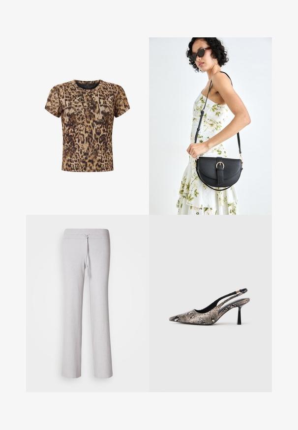 Tričko s krátkym rukávom so vzorom leopardej potlače v hnedých a čiernych tónoch. Má okrúhly golier a mäkkú, ľahkú látku.; Svetlosivé, ribované lounge nohavice s pásom na šnúrku a širokým strihom. Hladká textúra, celkový dĺžkový silueta.; Špicaté slingback topánky vyrobené z textúrovaného hadieho vzoru, s tenkým čiernym podpätkom a výrezovým dizajnom na stranách.; Čierna kožená kabelka s zaobleným tvarom, odnímateľným popruhom a zlatými doplnkami. Kabelka má klopu s detailom s prackou.