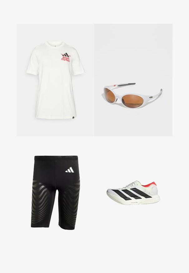 Hvid bomulds T-shirt med korte ærmer, der har et rødt og sort "Adidas Football" logo på brystet. Blød tekstur, klassisk pasform.; Sort træningsshorts med en strækbar pasform, udstyret med et glinsende bølgemønster på siderne og et hvidt logo på taljebåndet.; Hvide atletiske sko med sorte skråstriber, røde detaljer ved hælen og en tekstureret overdel; har LIGHTSTRIKE PRO dæmpning.; Hvide solbriller med brune linser, oval form, lavet af glat plastik, med grå accenter på stængerne og et logo på rammen.