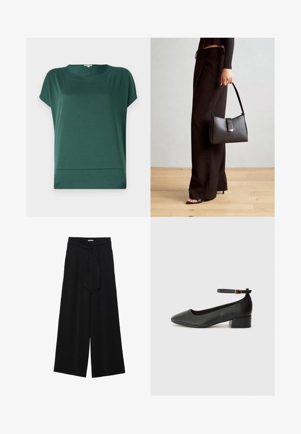 Žalias trumpas rankovė t-shirt, pagamintas iš lengvos, glotnios medžiagos. Siūlo apvalią kaklo iškirptę ir tiesų apatinį kraštą su subtilia siūle prie apačios.; Juoda plačių kojų kelnės, pagamintos iš tekstūruoto audinio, su elastingu juosmeniu ir atsegamu diržu juosmenyje, leidžiančiu reguliuoti dydį.; Juodas odinis aukštakulnis batelis su smailiu pirštu ir žemu bloku. Su kulkšnies dirželiu su auksinės spalvos sagtimi. Lygus paviršius.; Juodas rankinė struktūrizuota forma, lygi tekstūra ir metalinis užsegimas. Suporuota su plačiomis juodomis kelnėmis ir atvirais bateliais ant medinių grindų.