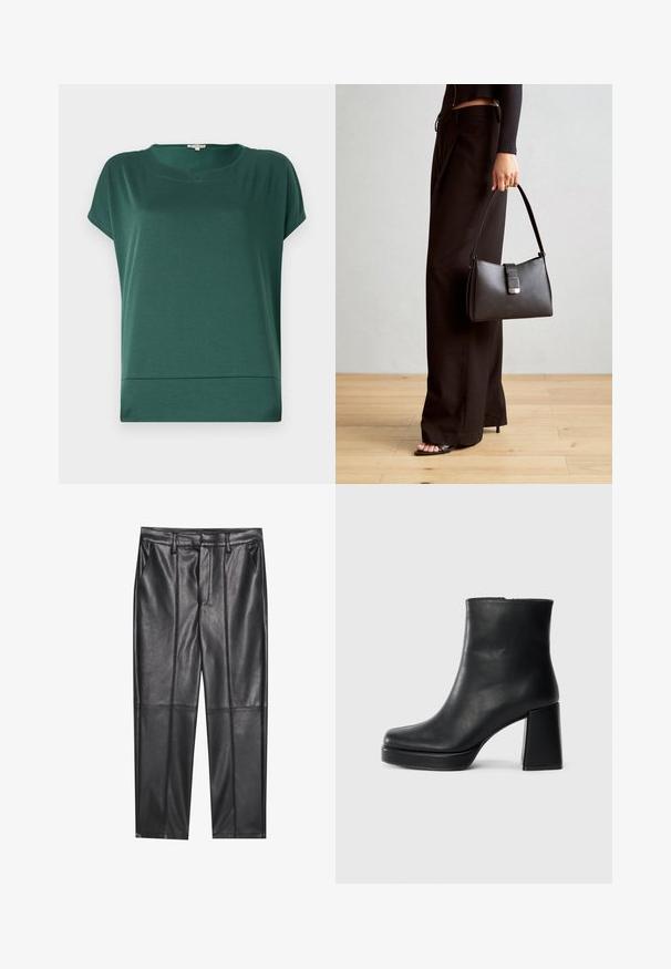 T-shirt verde de manga curta em tecido leve e suave. Apresenta um decote redondo e uma bainha reta com um detalhe de costura subtil na parte inferior.; Calças de pele preta com uma textura suave, apresentando um ajuste reto, dois bolsos frontais e detalhes de costura visíveis.; Bota de couro preta até ao tornozelo com salto bloco e sola com plataforma, vista de lado sobre um fundo branco liso.; Bolsa preta com forma estruturada, textura suave e um fecho metálico. Combinada com calças largas pretas e sandálias de salto aberto sobre um chão de madeira.