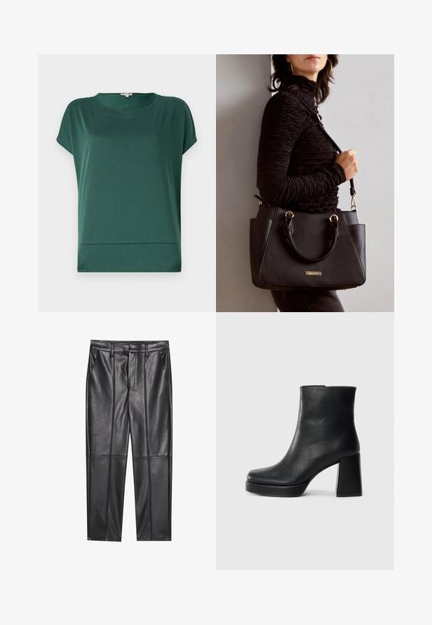 Roheline lühikeste varrukatega t-särk kergest, siledast kangast. Omab ümarat kaelust ja sirget hemmi, mille alumises osas on peen õmbluse detail.; Mustad nahkpüksid sileda tekstuuriga, sirge lõikega, kahe eesmine taskuga ja nähtavate õmblusteta.; Must musta ankle boot, milleplokk-konts ja platvormi tallaga, vaadatud küljelt ühetoonilise valge tausta peal.; Musthave must kott, millel on tekstuurne pind, kaks ülemist käepidet ja reguleeritav õlarihm. Omab kuldse tooni riistu ja külgtaskuid.