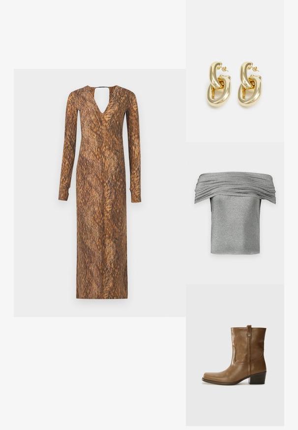 Silver off-the-shoulder top with gathered texture, made from a sparkly fabric. Short, fitted design with a smooth finish.; Long-sleeve dress with a V-neck and keyhole back, featuring a fur-like brown texture and pattern throughout the fabric.; Brown leather ankle boot with a square toe, textured finish, and a low stacked heel. Features a rear pull tab and subtle stitching details.; Brown crocodile-embossed leather bag with a cylindrical shape, gold-tone hardware, and a detachable strap featuring studs.; Rabanne XL LINK  DOUBLE HOOP EARRINGS - Earrings - gold-coloured