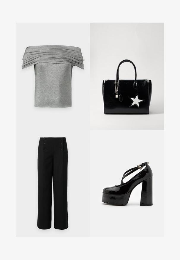 Top plateado sin mangas con textura fruncida, hecho de una tela brillante. Diseño corto y ajustado con un acabado suave.; Pantalones anchos negros hechos de una tela suave, con una cintura alta y cinco botones frontales para el cierre. Diseño elegante y a medida.; The Kooples CHAUSSURES - Zapatos altos - black; Bolso de mano de charol negro con una forma elegante. Presenta herrajes de cadena plateada, una cerradura y un acento de estrella blanca en el lateral.