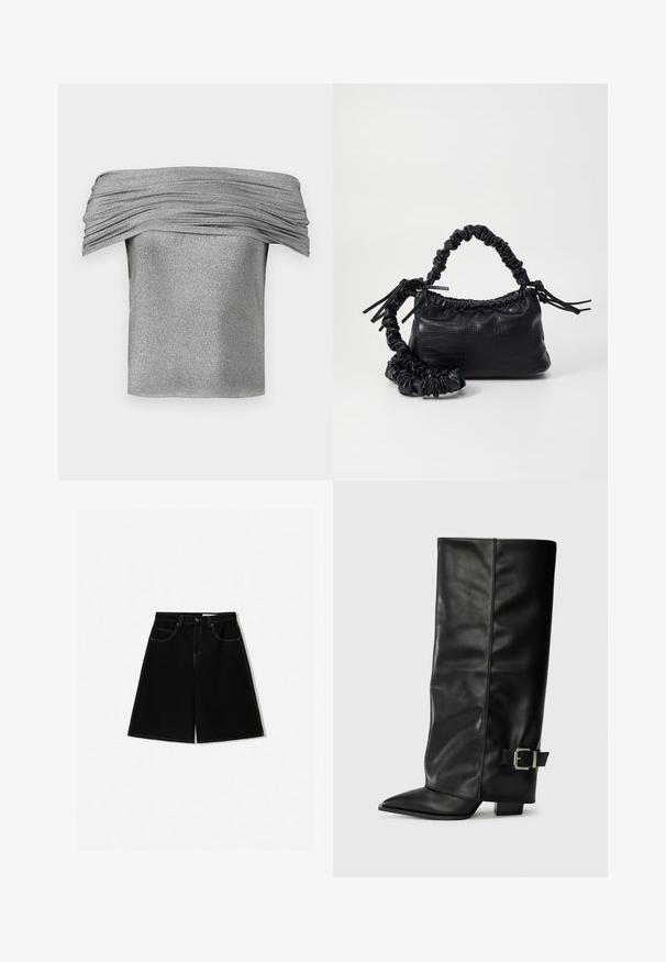 Top argento scollato con texture arricciata, realizzato in un tessuto scintillante. Design corto e aderente con una finitura liscia.; Pantaloni shorts di denim neri con vestibilità ampia, dotati di cinque tasche, dettagli di cucitura gialla e design a vita media.; Stivali neri in pelle fino alla caviglia con punta affusolata, texture liscia e una fibbia argentata accento sul lato. Tacco quadrato spesso.; Borsa a tracolla in ecopelle nera con texture a coccodrillo, apertura cinchata e tracolla arricciata. Si presenta con un design morbido e compatto.