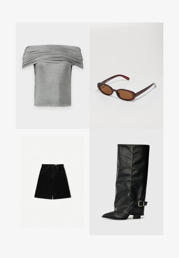Srebrni top bez naramenica s nabranim teksturom, izrađen od sjajnog materijala. Kratki, prilagođeni dizajn s glatkom završnom obradom.; Crne traper kratke hlače s slobodnim krojem, koje imaju pet džepova, žute šavove i dizajn struka srednje visine.; Crne kožne čizme do gležnja sa šiljastim vrhom, glatkom teksturom i srebrnim kopčanjem sa strane. Debela kvadratna peta.; Okvir okruglih, smeđkastih sunčanih naočala s sjajnim burgundskim okvirom. Uski nositelji s suptilnim brendiranjem. Ravna leća.