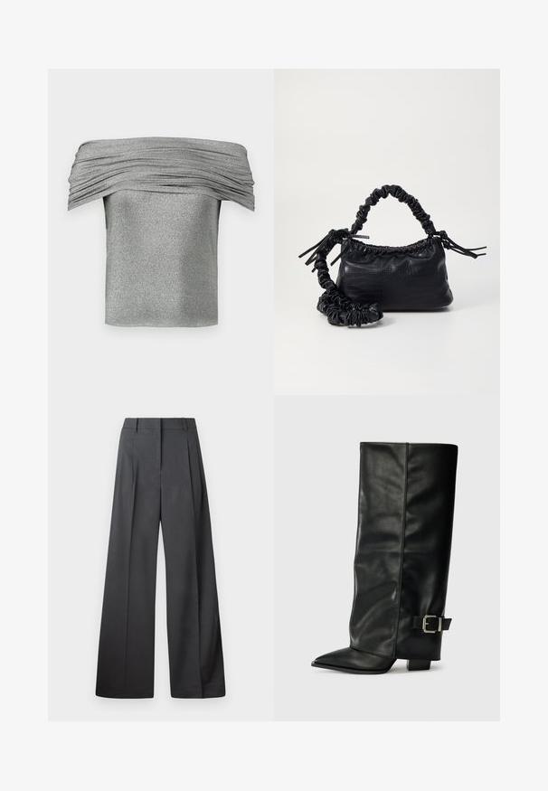 Silver off-the-shoulder top with gathered texture, made from a sparkly fabric. Short, fitted design with a smooth finish.; Wide-leg trousers in dark gray fabric, featuring a high waist, single pleats, and a smooth texture with a clean finish at the hems.; Black leather ankle-length boots with a pointed toe, smooth texture, and a silver buckle accent on the side. Chunky square heel.; Black faux leather handbag with a crocodile texture, cinched top, and a scrunched strap. Appears soft and compact in design.