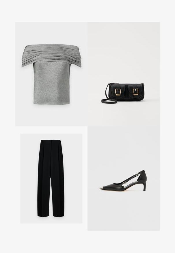 Stříbrný top s odkryté rameno, s nabíranou texturou, vyrobený z třpytivého materiálu. Krátký, dobře padnoucí design s hladkým povrchem.; Černé široké kalhoty s vysokým pasem, které mají sklady a hladký povrch. Tkanina vypadá lehce a krásně se splétá.; Černá kožená botička s nízkým podpatkem, špičatou stříbrnou špičkou a dvěma pásky s přezkami na bílém pozadí.; Černá kožená crossbody taška se dvěma předními kapsami, zlatými přezkami, zipovým uzávěrem a štíhlým popruhem. Texturovaný povrch a kompaktní obdélníkový tvar.
