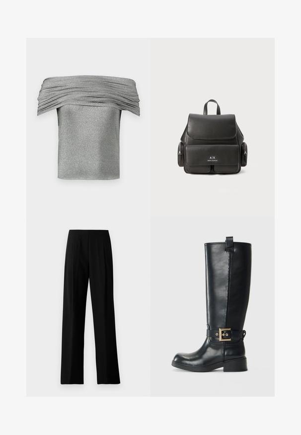 Hopeat olkapäiltä avoinen paita, jossa on rypytetty pinta, valmistettu kimaltelevasta kankaasta. Lyhyt, vartalonmyötäinen muotoilu, jossa on sileä viimeistely.; Mustat leveälahkeiset housut, jotka on valmistettu sileästä kankaasta. Niissä on litteä vyötärö ja etupuolella raskaita laskoksia, jotka antavat räätälöidyn ilmeen. Ei näkyvää metalliosaa tai kuvioita.; Musta nilkkapituiset nahkasaappaat, joissa on matala lohkopohja, koristeellinen kultainen solki nilkan ympärillä ja kahva ylhäällä.; Musta nahkareppu, jossa on läppä suljenta, etutasku, sivu vetoketjutaskut ja yläkahva. Edessä logo-detailit.