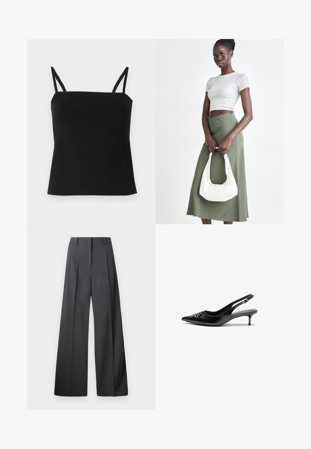 Top camizolă negru cu bretele subțiri ajustabile, realizat dintr-un material moale și ușor. Croială dreaptă și design minimalist. Fără modele suplimentare.; Pantaloni culți din țesătură gri închis, cu talie înaltă, pliuri simple și o textură netedă, cu o finisare curată la tivuri.; Cizme slingback din piele neagră, cu vârf ascuțit, toc mic de tip kitten heel și un detaliu decorativ sub formă de nod în față. Textură netedă pe întreaga suprafață.; Crop top griș cu dungi și fustă verde măsliniu cu talie înaltă. Modelul ține o geantă albă de umăr cu detalii tăiate. Design simplu, siluetă ajustată.