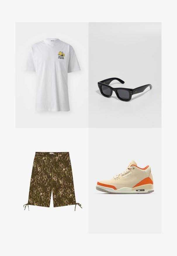 White cotton t-shirt featuring a short sleeve design, round neckline, and a colorful embroidered graphic of a bee and text on the chest.; Camo-patterned shorts in shades of green and brown, made of a lightweight material, featuring side pockets and adjustable ties at the hem.; Beige sneaker with orange accents, canvas upper, textured detailing at the heel, and a visible air unit in the sole.; Black sunglasses with a glossy finish, rectangular frame, dark lenses, and gold logo accents on the temples. Two gold dots on each front corner.