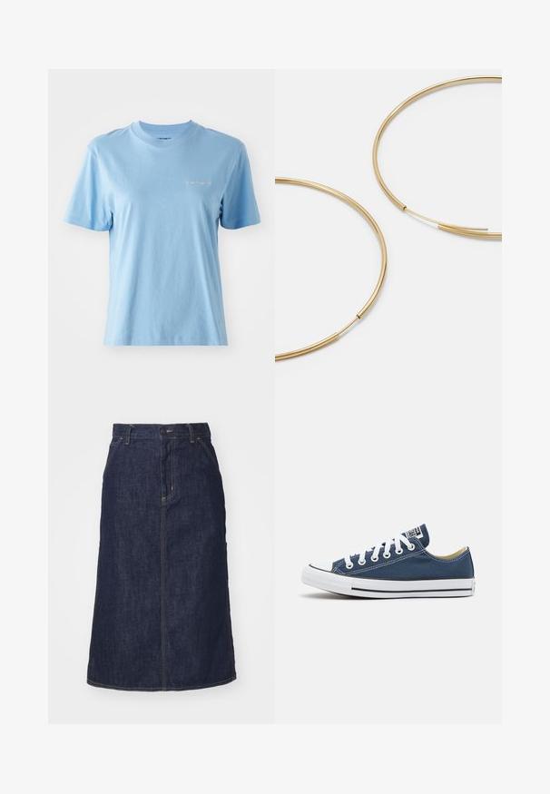 T-shirt a maniche corte, con collo a giro e realizzato in morbido cotone di colore azzurro chiaro, caratterizzato da un piccolo logo Carhartt bianco sul petto. Texture liscia.; Gonna di jeans scuro con vita alta, taglio dritto, tasche frontali e cuciture a vista. Presenta una chiusura con zip e bottone in vita.; Sneaker in tela di colore blu navy con occhielli e lacci bianchi, dotata di una punta in gomma bianca e una striscia nera lungo la suola.; Orecchini a cerchio color oro, sottili e rotondi, con una finitura metallica liscia e senza decorazioni o motivi.