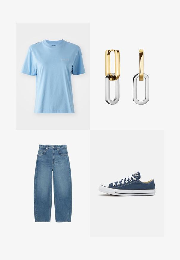 Majica kratkih rukava, okruglog izreza, izrađena od mekog pamuka svijetloplave boje, s malim bijelim Carhartt logotipom na prsima. Glatka tekstura.; Plave hlače s visokim strukom i širokim nogavicama, s prednjim džepovima i kopčanjem na gumb, prikazane ravno na bijeloj pozadini.; Platnene tenisice u tamnoplavoj boji s bijelim rupicama i vezicama, s bijelim gumiranim vrhom prsti i crnom prugom duž potplata.; Naušnice od zlata i srebra s međusobno povezanim pravokutnim petljama, s glatkom završnom obradom i sjajnom teksturom.